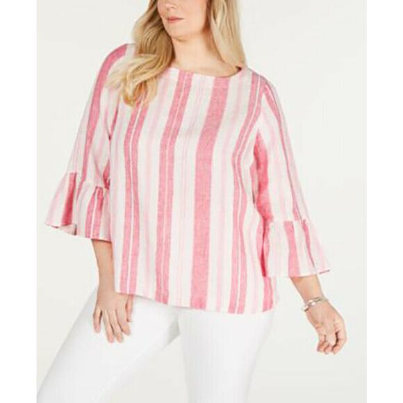 Charter Club  Linen Striped Top Bell Sleeves Pink Combo Plus OX/ large NEW - Picture 1 of 2